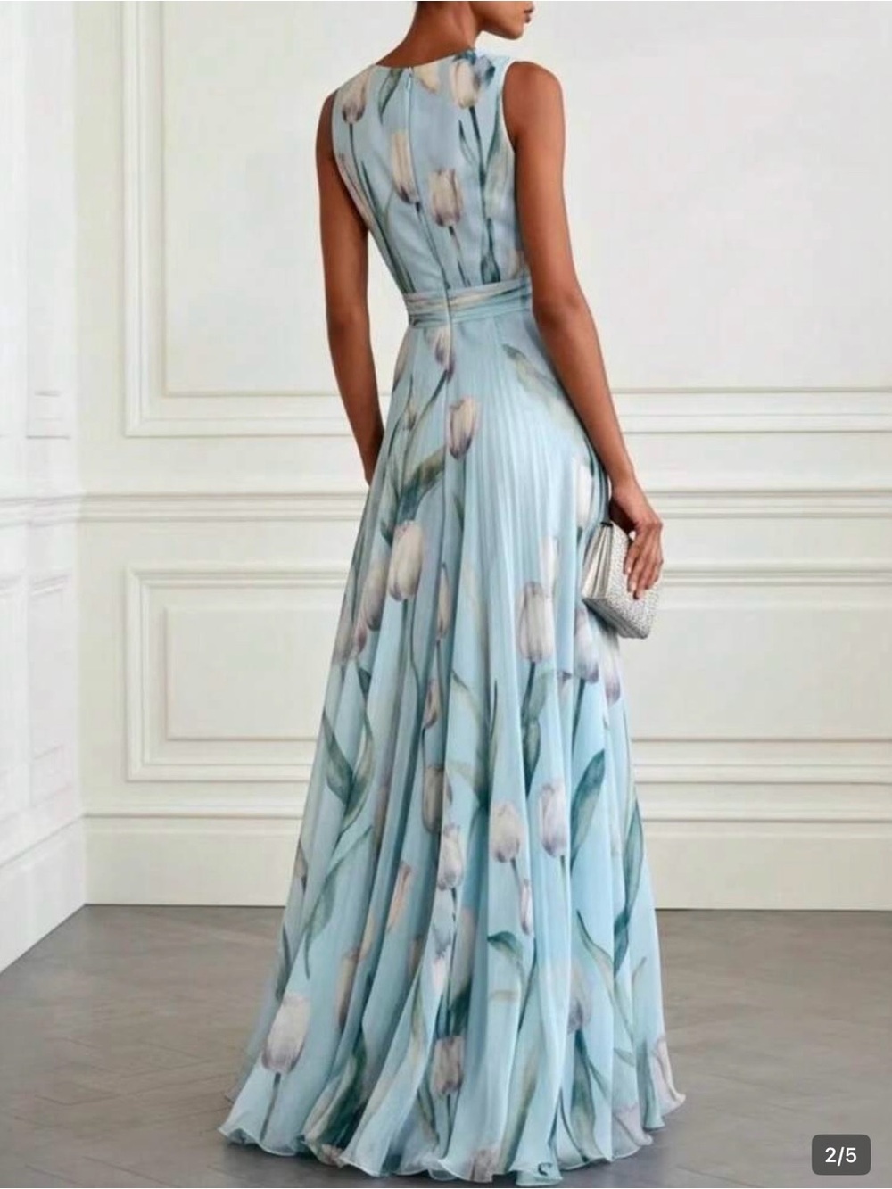 Elegant Light Blue Floral Maxi Dress - Sleeveless Pleated Gown